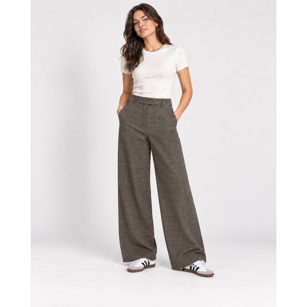 American Eagle Plaid Wide Leg Trousers Grey High Waisted Stretch Pants Size 8
